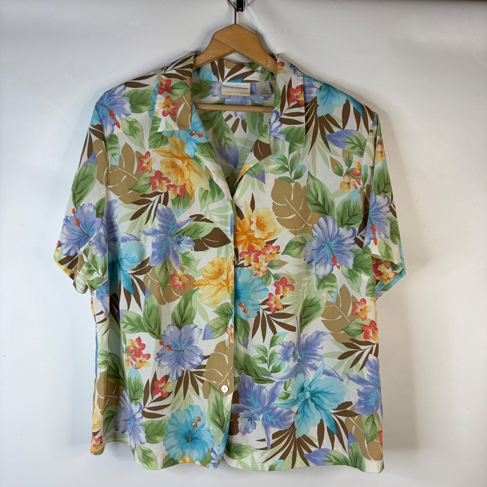 Alfred Dunner Button Down Shirt Women 22W Multi Tropical Floral Short Sleeve